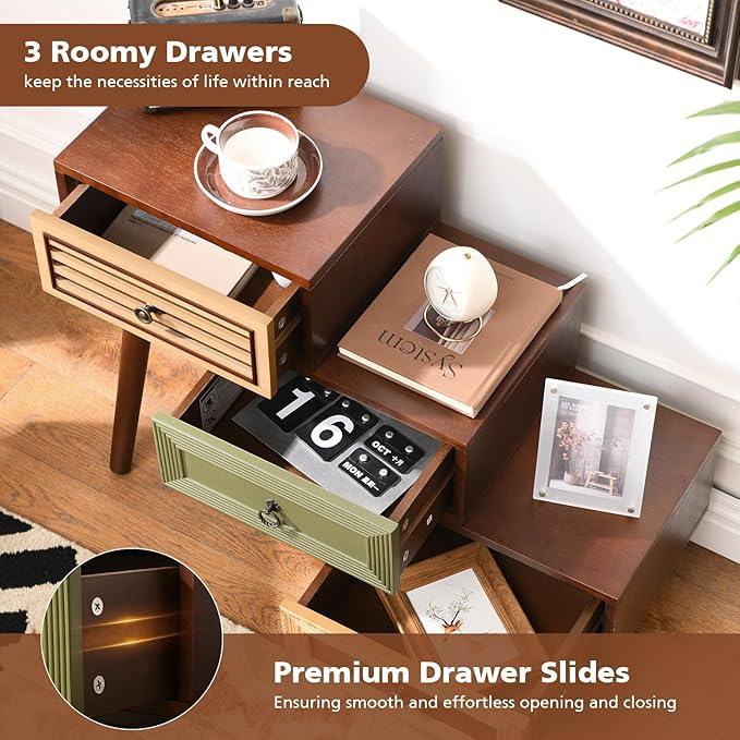 30.5" Vintage Accent Chest with 3 Drawers, Asymmetrical Stacked Design, Multicolored Hand-Carved Decorative Rustic Cabinet, Side Table for Living Room, Entryway, or Small Space - ModernBath