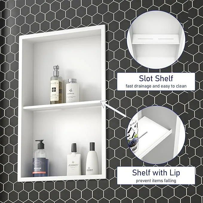 Stainless Steel Shower Niche 14"×24" White with 2-Tier Shelf No Tiled Needed Niche Shower for Bathroom Wall Recessed Shower Shelf for Bathroom Storage - ModernBath