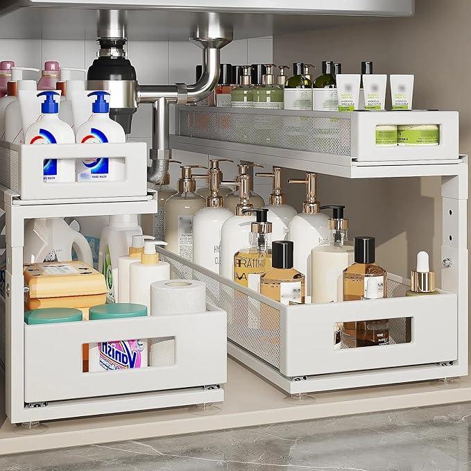 2 Pack 21.3IN-Depth Under Sink Organizer With Next-Gen Ball-Bearing Slides,2-Tier Pull Out Cabinet Storage,Height Adjustable Drawer Shelf for Bathroom,Kitchen,Laundry,Cabinet,Pantry-White - ModernBath
