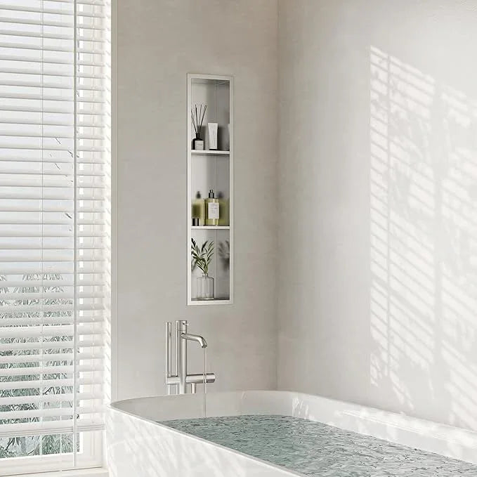 Qeke Stainless Steel Shower Niche 8" X 36", No Tile Needed Wall Niche Three-Tier, Recessed Shower Shelf for Bathroom Storage, Brushed Nickel - ModernBath