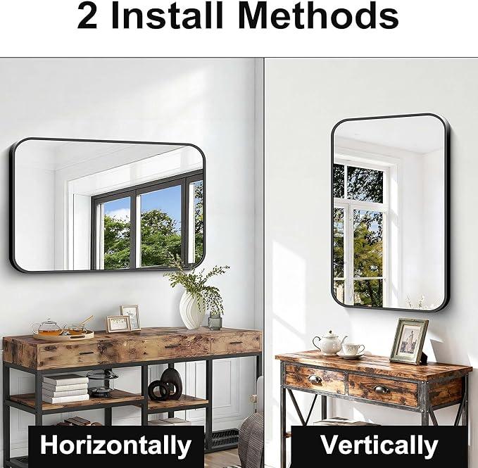 CIVENO Black Bathroom Mirror, 28x42 inch Aluminum Metal Frame Rectangular Vanity Mirror, Wall Mounted Rectangle Mirrors with Rounded Corner for Bedroom Living Room Hangs Horizontal Or Vertical - ModernBath