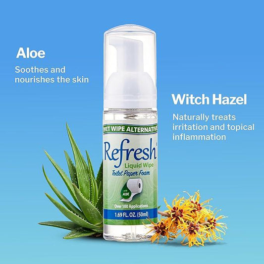 Refresh Liquid Wipe Toilet Paper Foam – Eco-Friendly Flushable Wet Wipe Alternative, Cleanses & Soothes with Witch Hazel & Aloe, Septic & Plumbing Safe 250ml/50ml (10.14 oz Total) (Combo Pack) - ModernBath
