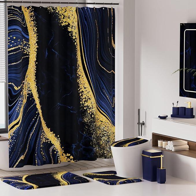 25PCS Bathroom Accessory Set, Navy Blue Bathroom Set with Large-Capacity 4 Gallon Trash Can,Bathroom Rugs Set, Waterproof Shower Curtain, Toilet Brush, Toothbrush Holder & Soap Dispenser - ModernBath