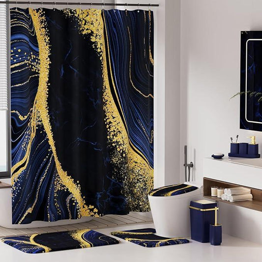 25PCS Bathroom Accessory Set, Navy Blue Bathroom Set with Large-Capacity 4 Gallon Trash Can,Bathroom Rugs Set, Waterproof Shower Curtain, Toilet Brush, Toothbrush Holder & Soap Dispenser - ModernBath