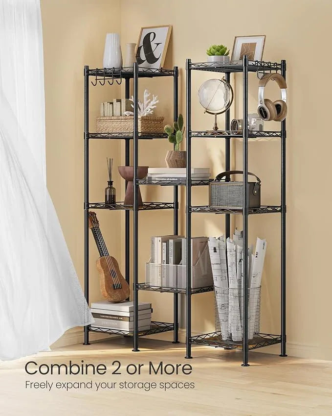 SONGMICS 5-Tier Bathroom Shelf, Storage Rack for Small Space, with 5 PP Shelf Liners, Removable Hook, Extendable Design, Ink Black and Rustic Brown ULGR023B02 - ModernBath