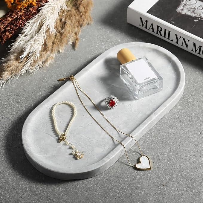 Koville Grey Marble Tray for Bathroom Countertop, 12"x6" Vanity Decorative Marble Tray for Dresser, Stone Catchall Trays for Perfume, Candles, Jewelry, Stone Gray Storage Trays for Home Decor - ModernBath