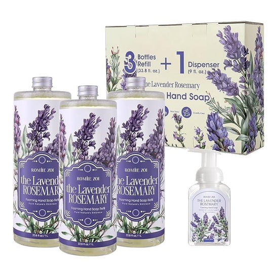 ROMIIE ZOI Foaming Hand Soap Refill Gift Set-3 Pack with Dispenser, Cruelty-Free and Biodegradable Formula, Moisturizing with Essential Oil for Sensitive Skin,Lavender Rosemary Scent,(33.8 Fl Oz x 3) - ModernBath