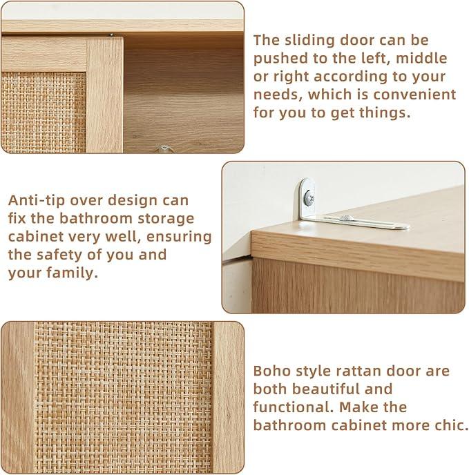 LEYAOYAO Over The Toilet Storage Cabinet with Rattan Sliding Door, 68" Tall Wood Above Toilet Bathroom Organizer w/Adjustable Shelf & Curved Profile, Space Saver Freestanding Washer Shelf, Natural - ModernBath