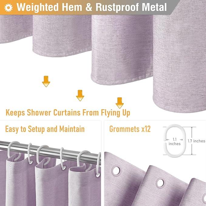 BTTN 78 Inch Long Shower Curtain, Linen Textured Thick Weighted Fabric Shower Curtain Set with 12 Hooks, Tall Hotel Neutral Heavy Duty Waterproof Polyester Shower Curtain for Bathroom, 72x78, Lavender - ModernBath