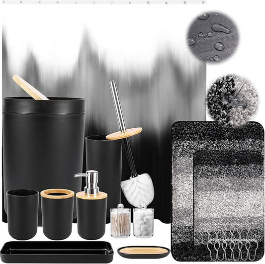 iMucci Bathroom Accessories Black Bathroom Sets with Shower Curtain and Rug, Black Ombre Waterproof Shower Curtain with Ultra Absorbent Rug Bathroom Accessories Set for Home Decor - ModernBath