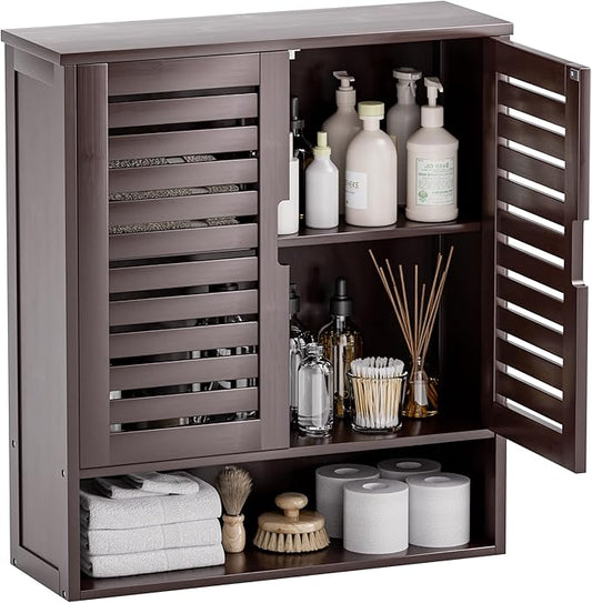 SMIBUY Bathroom Cabinet Wall Mounted, Bamboo Over-The-Toilet Storage Organizer, Space Saver Medicine Cabinet with 2 Door and Adjustable Shelves (Dark Brown)