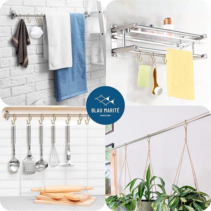 Blau Marité 10-Pack Metal S Hooks for Hanging – Heavy-Duty S-Shaped Hook with Safety Buckle – Fits Bars up to 0.8 In – Anti-Drop S-Hooks for Kitchen, Bathroom, Closet & Pot Racks – Gold (Medium) - ModernBath