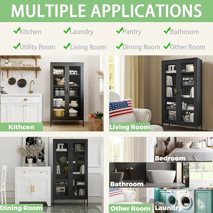COFaR Modern Mesh Storage Cabinet, Free Standing Tall Pantry, Cupboard Metal Display Cabinet for Living Room, Kitchen, Dining Room - ModernBath