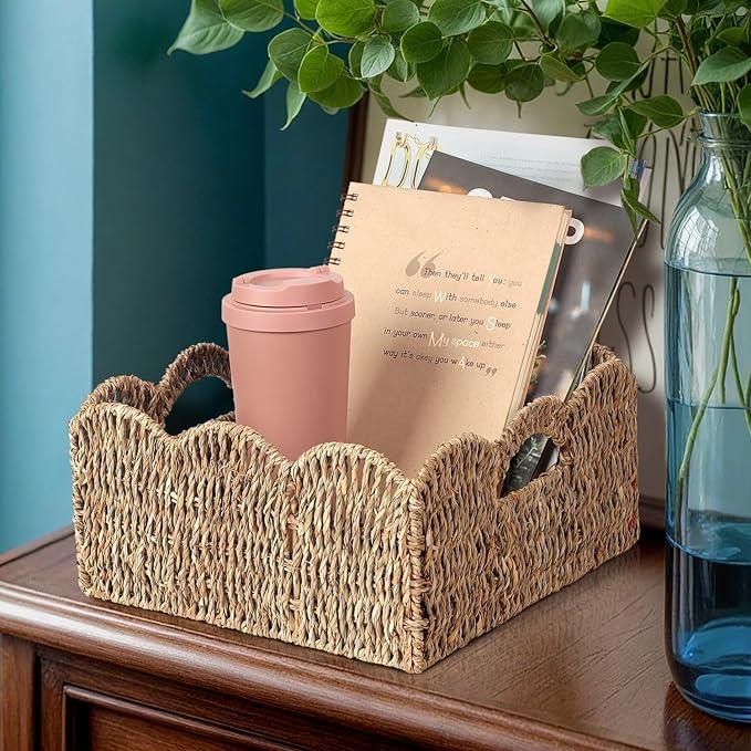 Scalloped Baskets (Natural-Set of 2) Seagrass Basket For Decor, Basket Living Room Organizer, Bathroom, Bedroom, Laundry,... Seagrass Storage Baskets with Built-in Handles. - ModernBath
