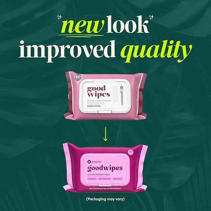 goodwipes Flushable Butt Wipes - Vitamin E & Aloe - Sewer & Septic Safe - Extra Large Adult Wet Wipes For Women & Men - Bathroom Essentials - Rosewater, 153 Count (3 Packs + 3 Individually Wrapped) - ModernBath