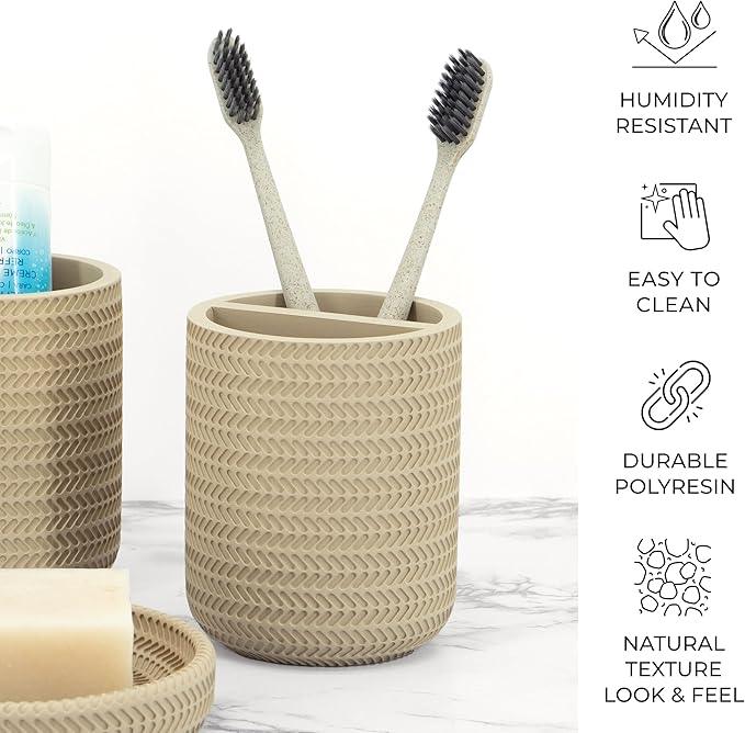 ZCCZ Beige Bathroom Accessories Set 4 Pcs - Toothbrush Holder, Soap Dispenser, Vanity Tray, Tumbler - Countertop Organizer for Bathroom Decor - Stylish and Functional Accessory Set for Home - ModernBath