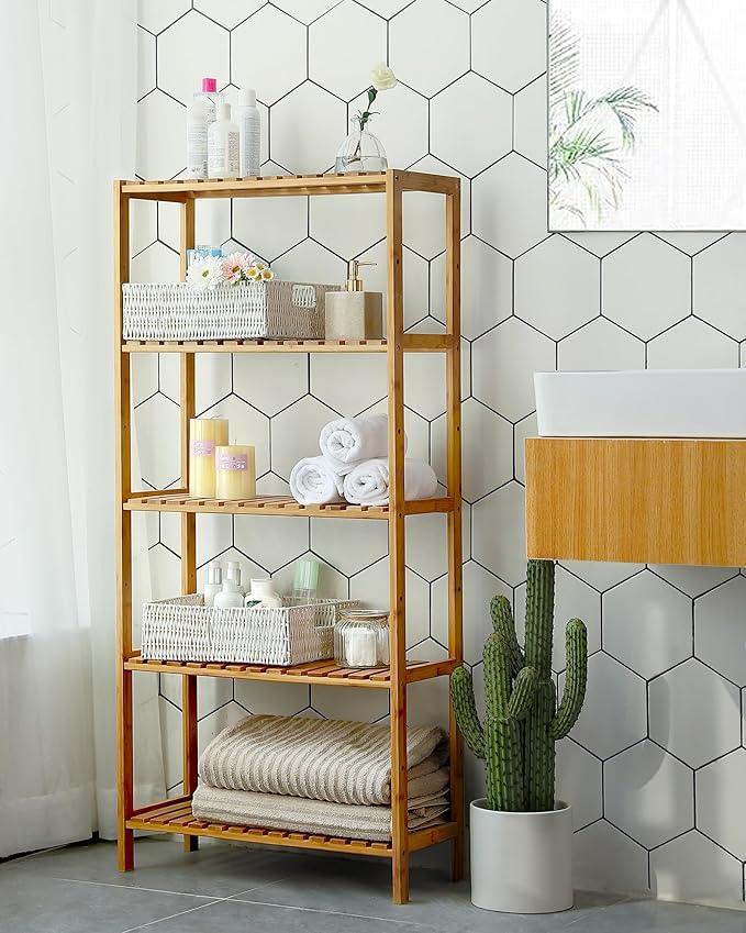 SONGMICS Bamboo Storage Shelf, 5-Tier Shelving Unit, Multifunctional, in The Entryway, Bathroom, Living Room, Balcony, Kitchen, 10.2 x 23.6 x 51.2 Inches, Light Bamboo UBCB35Y - ModernBath