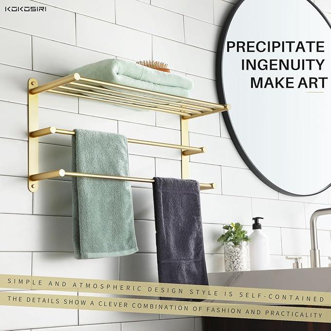KOKOSIRI 3 Tier Bath Towel Rack 24 Inch Wall Mounted Rack with Towel Bars Towel Shelf with Single Towel Bar Bathroom Ladder Brushed Gold B5003BG - ModernBath