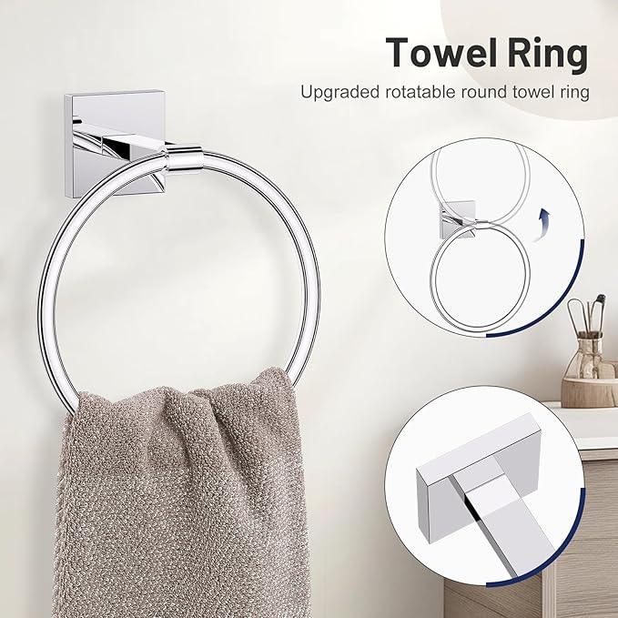 5 Pieces Bathroom Hardware Set Polished Chrome Towel Bar Set Includes 23.6” Towel Bar, Towel Ring Holder, Toilet Paper Holder and Two Towel Hooks, Bathroom Accessories Set SUS304 Wall Mounted - ModernBath