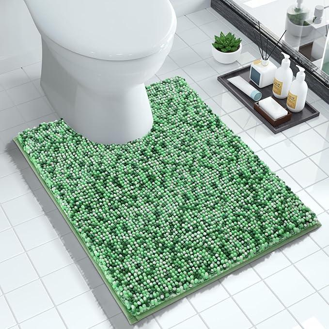 Yimobra Luxury Chenille U-Shaped Toilet Rug, Super Soft Shaggy Contour Bath Mat for Bathroom Floor, Fluffy, Water Absorbent, Non Slip, Machine Washable, Dry Quickly, 24''x 20'', Light Green & Green - ModernBath