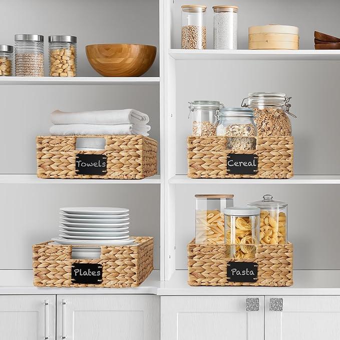 Casafield Set of 4 Water Hyacinth Pantry Baskets, 12-1/2" x 17" x 5", with Chalkboard Labels and Chalk Marker - Natural, Woven Storage Bin Organizers for Kitchen Shelves - ModernBath