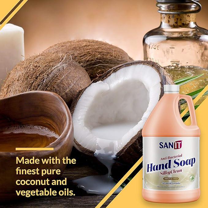 Sanit Silky Clean Antibacterial Liquid Gel Hand Soap Refill - Advanced Formula with Coconut Oil and Aloe Vera - All Natural Moisturizing Hand Wash - Made in USA, Original Gold, 1 Gallon - ModernBath