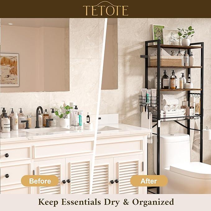 TETOTE Over Toilet Bathroom Organizer, 4-Tier Bathroom Over The Toilet Storage with Adjustable Shelf and Basket, Freestanding Space Saver Bathroom Shelves Above Toilet for Room(Black) - ModernBath