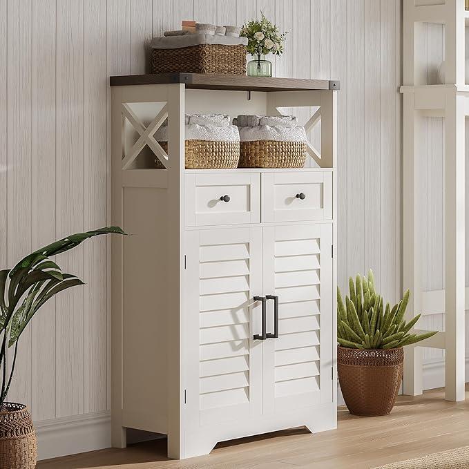 ChooChoo Farmhouse Storage Cabinet, Bathroom Floor Cabinet with Doors and Drawers, Kitchen Pantry Cabinet for Living Room, Laundry, White - ModernBath