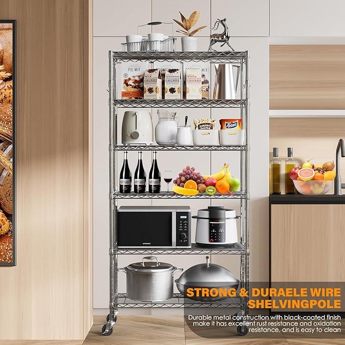 YNN Storage Shelves,6000Lbs 6 Tier Heavy Duty Metal Rolling Shelving Unit with Wheels & 8 Hooks, Adjustable Garage Wire Rack for Kitchen, Bathroom,Industrial,Pantry(36" W x 14" D x 72" H, Chrome) - ModernBath