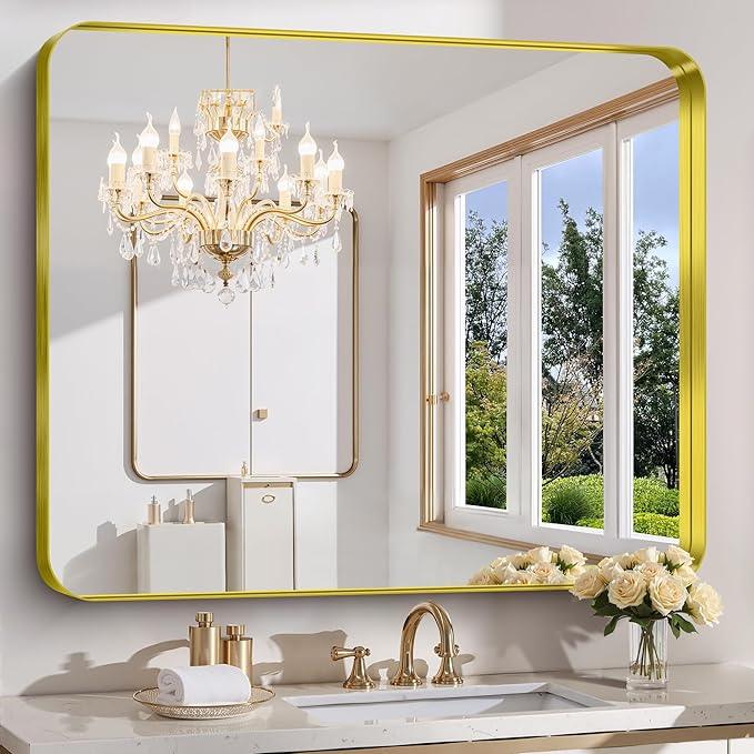 FORBATH 48x40 Inch Bathroom Mirror, Brushed Gold Deep Frame Wall Mirror with Rounded Corners, Anti-Rust Tempered Glass for Modern Farmhouse Vanity (Horizontal/Vertical) - ModernBath
