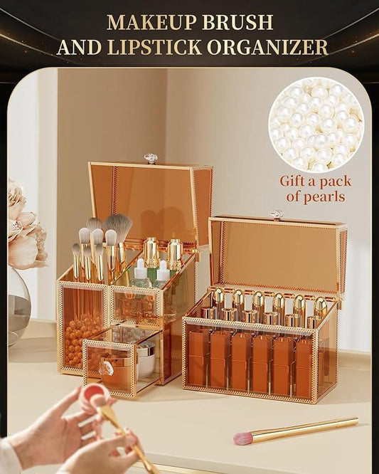 CoralHouse Makeup Organizer Countertop Set – Vanity Holder with 18-Slot Lipstick Organizer & Covered Makeup Brush Holder – Skincare, Perfume & Cosmetic Display for Bathroom or Dresser - ModernBath