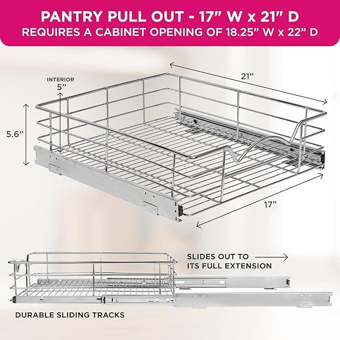 HOLDN’ STORAGE Heavy-Duty Premium Collection Pull Out Cabinet Organizer, Cabinet Drawer Slide Outs, Lifetime Limited Warranty - Basket Size 17" W x 21" D x 5" H, Anti-Rust Chrome Finish - ModernBath