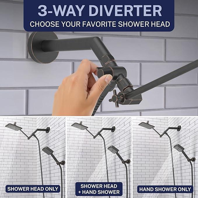 HammerHead® Solid Metal Dual Shower Head Combo — 8" Square Rain Shower Head with Handheld, 12" Adjustable Arm & Wall-Mount Holder for Flexible Installation — Oil Rubbed Bronze - ModernBath