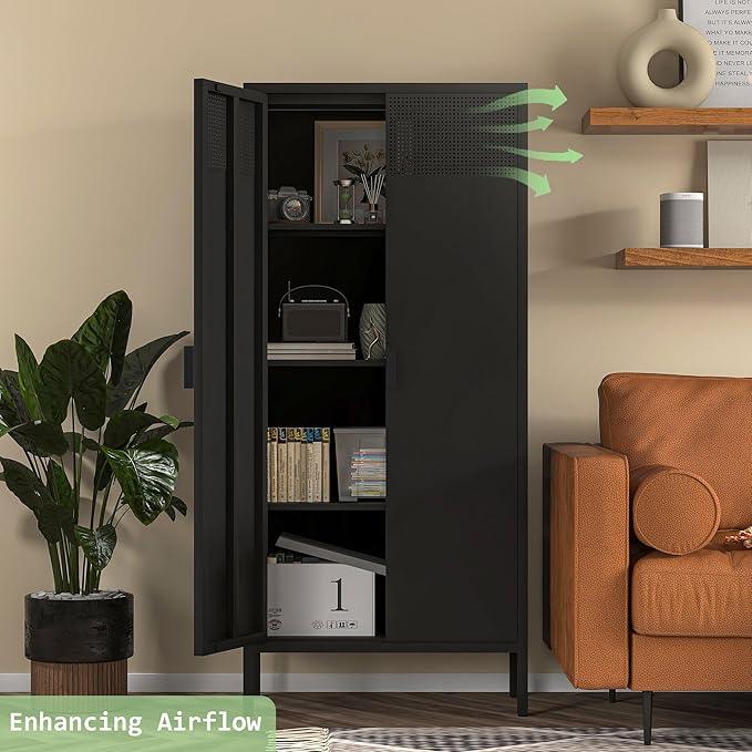 COFaR 4 Tier Black Metal Storage Cabinet, Free Standing with 2 Doors, 3 Adjustable Shelves and Legs, Cupboard Metal Cabinet for Living Room, Kitchen, Dining Room, Office - ModernBath