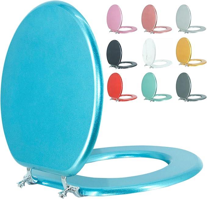 BLOFDE Round Toilet Seat Wood Toilet Seat Prevent Shifting with Zinc Alloy Hinges American Standard Size Toilet Seat Easy to Install also Easy to Clean(Round,Sparkling Sapphire Blue) - ModernBath