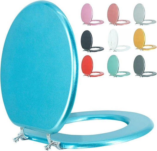 BLOFDE Round Toilet Seat Wood Toilet Seat Prevent Shifting with Zinc Alloy Hinges American Standard Size Toilet Seat Easy to Install also Easy to Clean(Round,Sparkling Sapphire Blue) - ModernBath