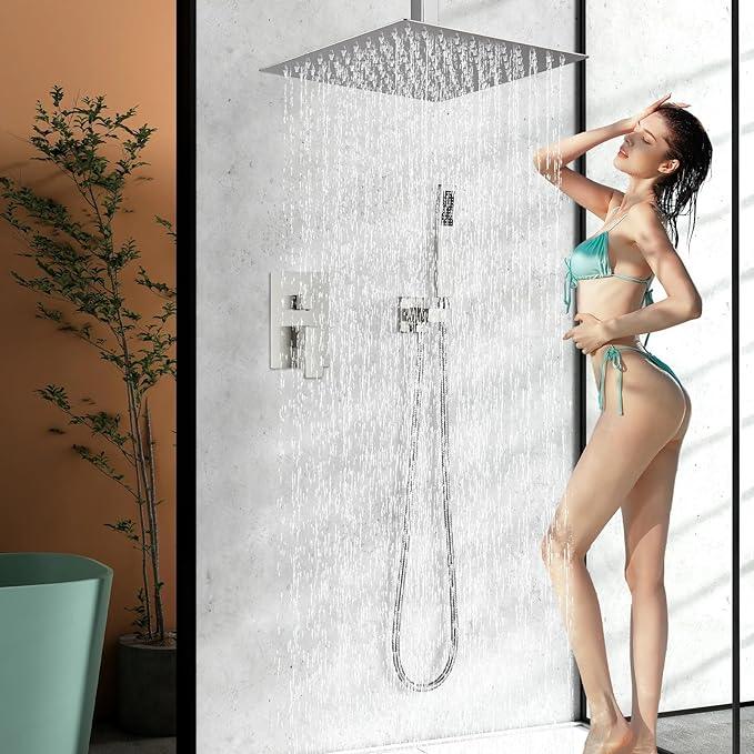 Shower Faucet Set Brushed Nickel Rain Shower System with High Pressure 8 Inches Rain Shower Head and Handheld Spray Bathroom Luxury Rain Mixer Shower Complete Combo Set Ceiling Mounted - ModernBath