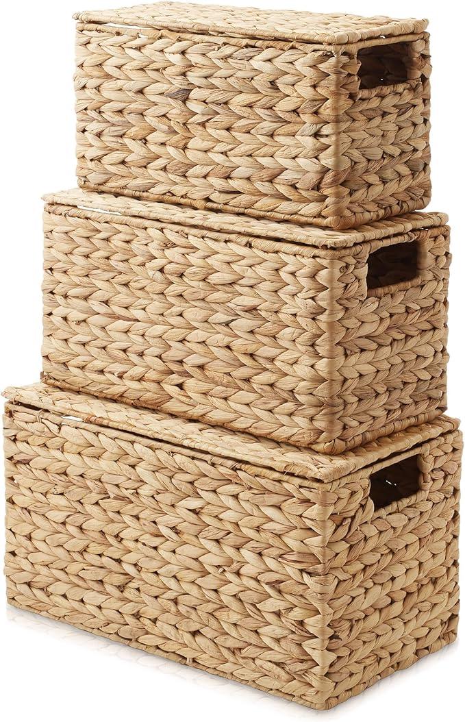 Casafield Set of 3 Water Hyacinth Storage Baskets with Lids, Natural - Small, Medium, Large Woven Nesting Bins for Bathroom, Bedroom, Closets, Shelves - ModernBath