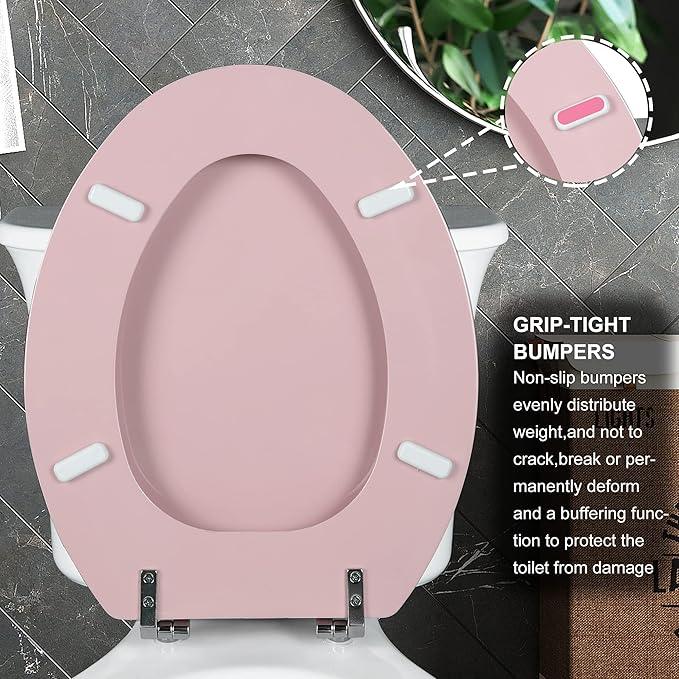 Pink Elongated Toilet Seat Natural Wood Toilet Seat with Zinc Alloy Hinges, Easy to Install also Easy to Clean, Scratch Resistant Toilet Seat by Angol Shiold (Elongated, Pink) - ModernBath