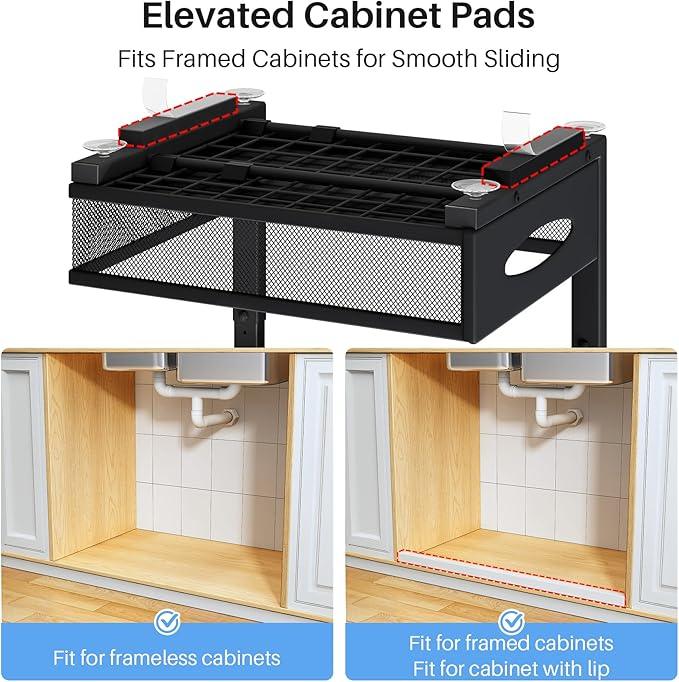Under Sink Organizer, 2 Tier Pull Out Under Cabinet Organizer Shelf with Pad for Framed Cabinets, Metal Slide Out Under Sink Storage, Mesh Sliding Drawers for Kitchen Bathroom Laundry(Black, 1 Pack) - ModernBath