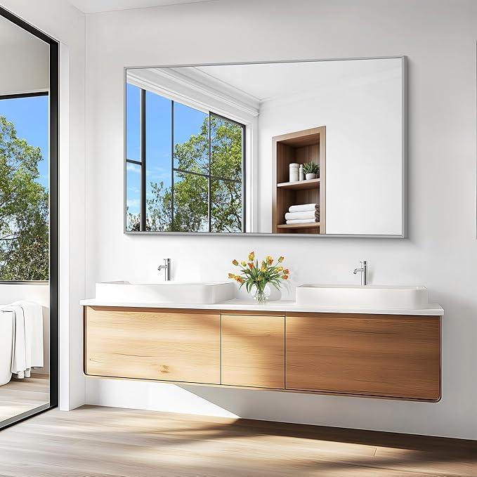 KOCUUY Silver Bathroom Mirror, 60"x36" Large Rectangle Bathroom Mirror for Wall, HD Tempered Glass, Anti-Rust Brushed Silver Frame, Modern Design for Bathroom, Bedroom, Hang Horizontal/Vertical - ModernBath