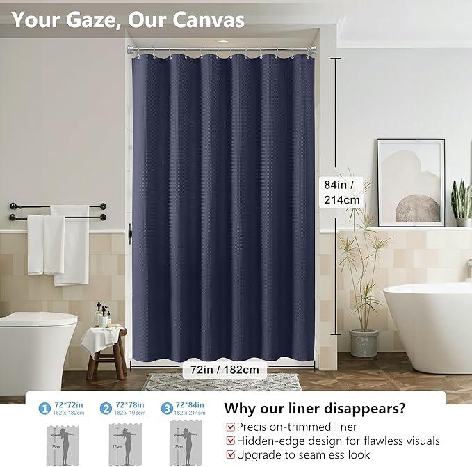 Luxury 3 in 1 Shower Curtain Set 3D Textured Waffle Weave Bathroom Curtain with Waterproof SGS Certified Fabric Liner & 12 Anti-Fall Stainless Steel Hooks, Machine Washable 72"x84" (Navy Blue) - ModernBath