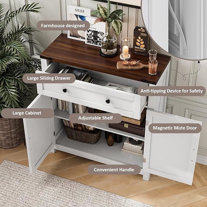 Farmhouse Storage Cabinet with 2 Doors, White Kitchen Cabinet with Walnut Countertop, Freestanding Floor Storage Cabinets Hutch Cupboard - ModernBath