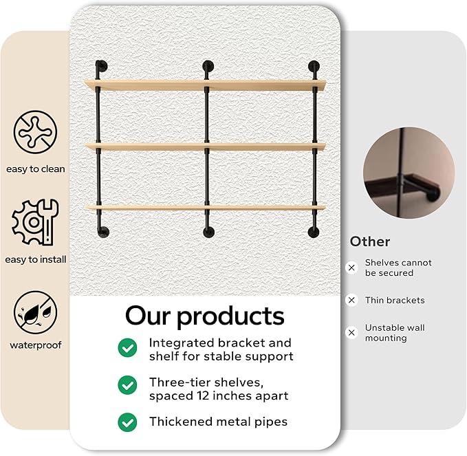 3-Tier Industrial Pipe Floating Shelf – Rustic 60 inch Wood Wall-Mounted Storage Shelf for Kitchen Office,Bathroom & Home Decor -White Oak - ModernBath