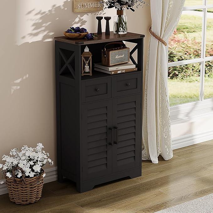 ChooChoo Farmhouse Storage Cabinet, Bathroom Floor Cabinet with Doors and Drawers, Kitchen Pantry Cabinet for Living Room, Laundry, Black - ModernBath