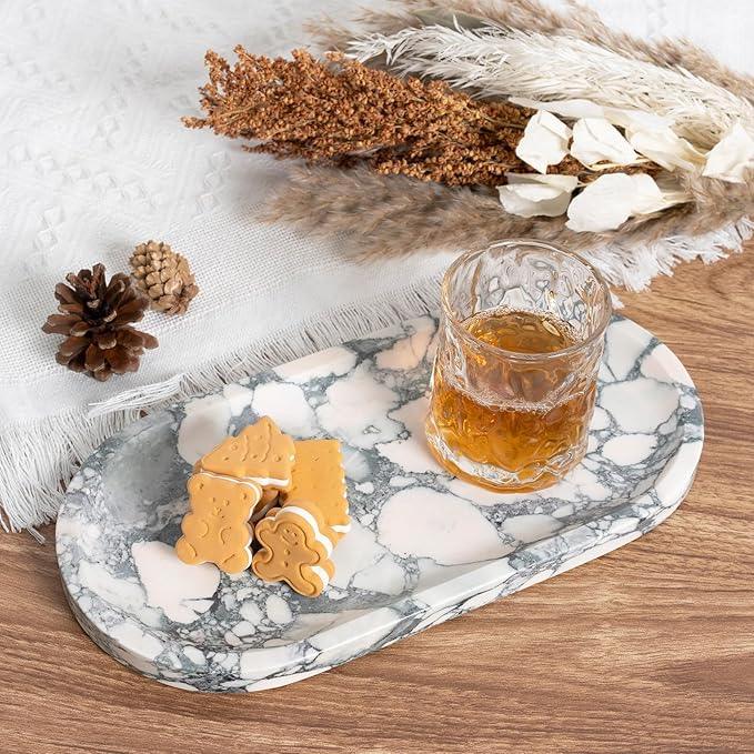 Koville Natural Marble Tray for Bathroom Countertop, Marble Vanity Trays for Perfume, Cosmetics, Jewelry, Decorative Tray for Dresser Organizer, Stone Storage Trays for Bathroom Decor(Grey) - ModernBath