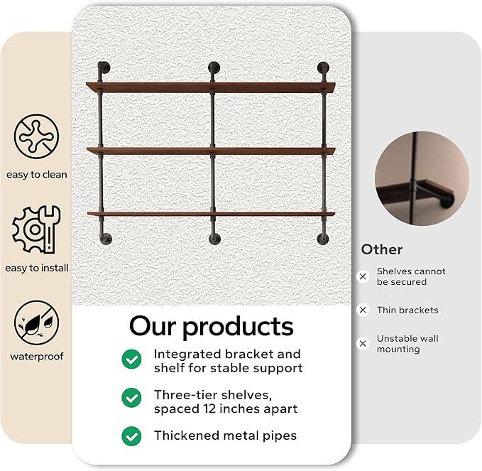 3-Tier Industrial Pipe Floating Shelf – Rustic 60 inch Wood Wall-Mounted Storage Shelf for Kitchen Office,Bathroom & Home Decor -Walnut - ModernBath