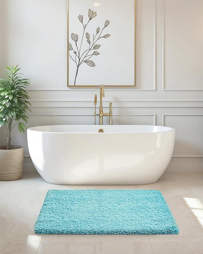 ILANGO Teal Bathroom Rugs 24" × 17" Small Non Slip & Super Absorbent Extra Thick Soft, Washable Bath Mat for Floor, Microfiber Plush Shaggy Bath Rug with Rubber for Bathtub Shower Room Sink - ModernBath
