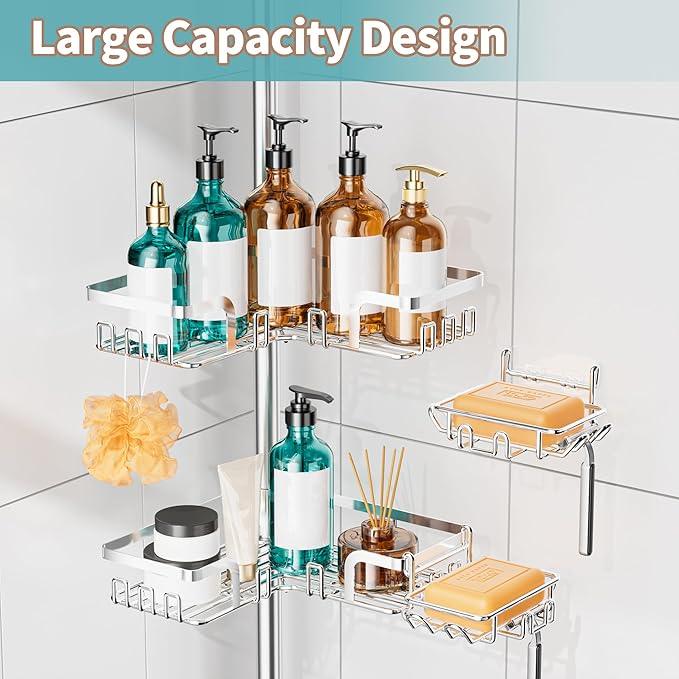 KEGII Shower Caddy Tension Pole – Corner Rustproof Bathroom Organizer with Soap Holder & Hooks, No-Drill Adjustable Shower Shelf for Renters for Families & Renters, 25-114.2 Inch, Silver - ModernBath