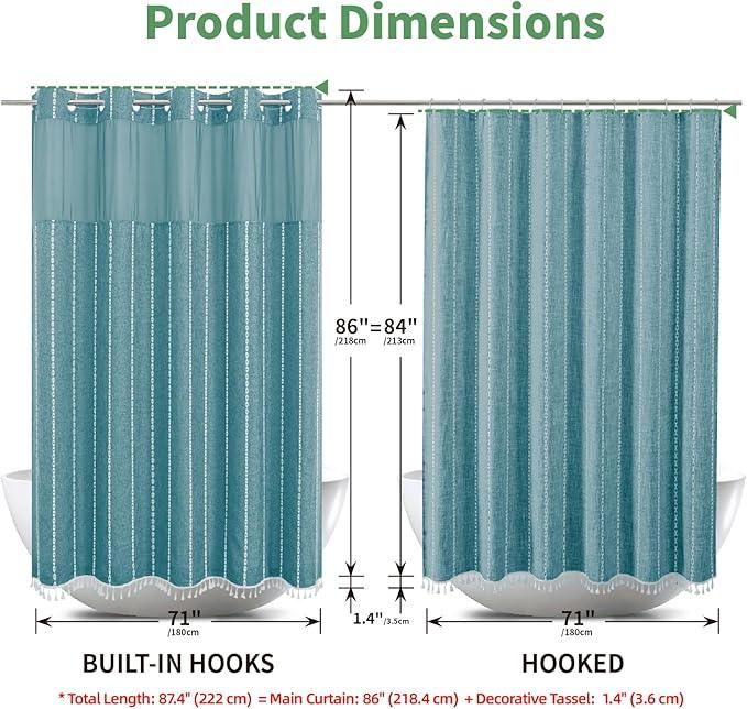eachope No Hook Extra Long Shower Curtain Set with Snap-in Liner,Linen Textured Thick Striped Fabric with Tassels,Boho Chic Modern Farmhouse Bathroom Curtain,Water-Repellent,Teal,71x86 - ModernBath